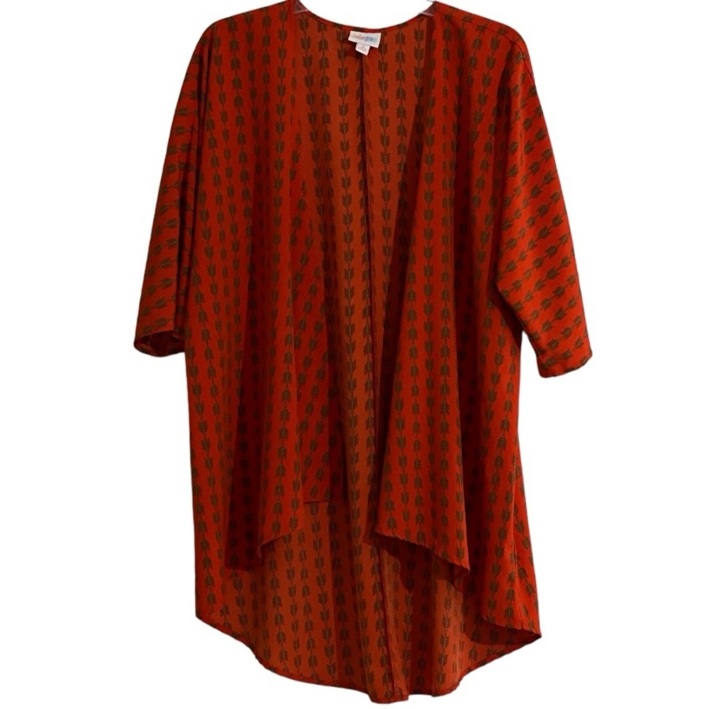LuLaRoe Lindsay Cardigan S Orange Red Arrows Vertical Stripes Design Open Front